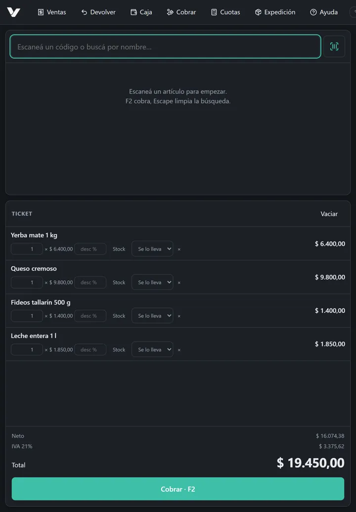 La caja de Vendra en una tablet, con un ticket armado.