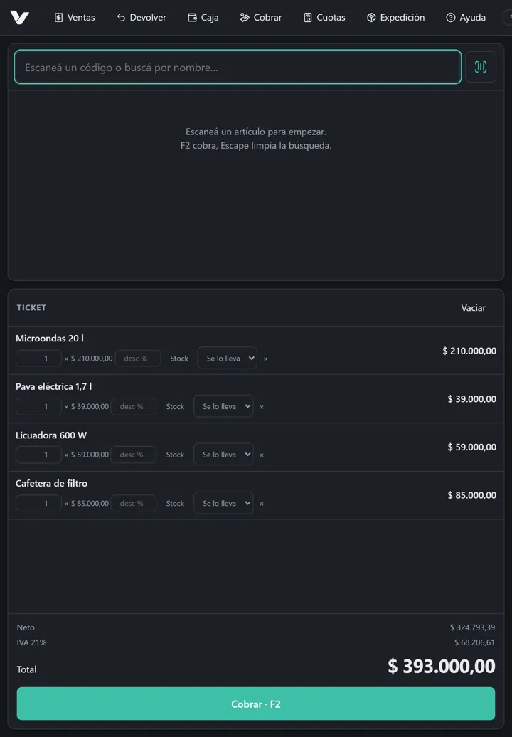 La caja de Vendra en una tablet, con un ticket armado.