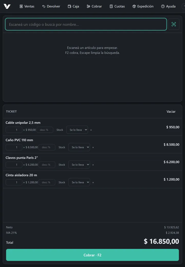 La caja de Vendra en una tablet, con un ticket armado.