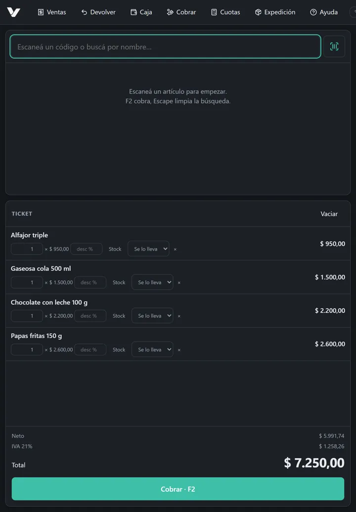 La caja de Vendra en una tablet, con un ticket armado.