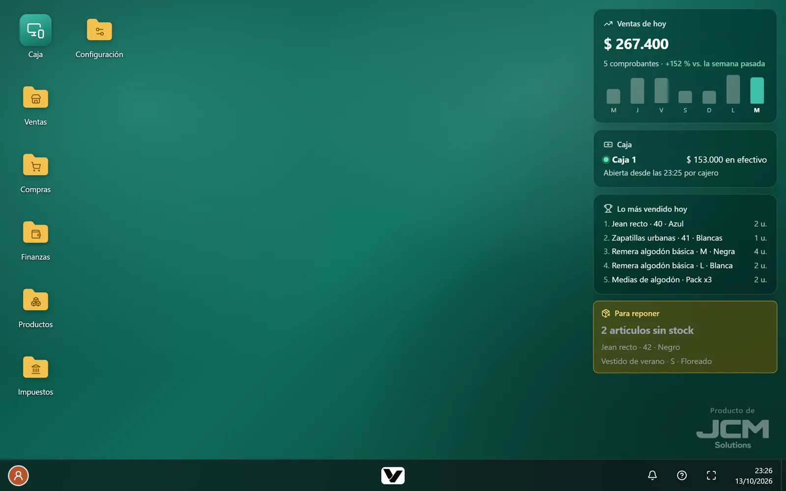 El back office de Vendra en la computadora: ventas del día, caja, lo más vendido y lo que hay que reponer en Tienda Alma.