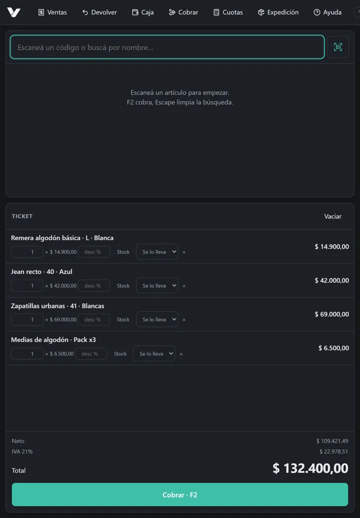 La caja de Vendra en una tablet, con un ticket armado.